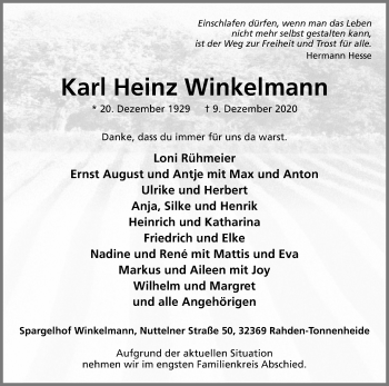 Traueranzeige von Karl Heinz Winkelmann von Westfalen-Blatt