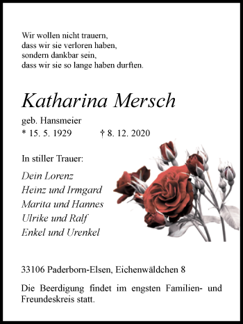 Traueranzeige von Katharina Mersch von Westfalen-Blatt