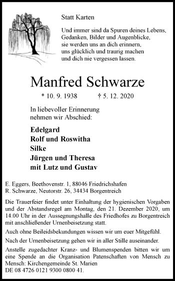 Traueranzeige von Manfred Schwarze von Westfalen-Blatt