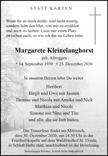 Traueranzeige von Margarete Kleinelanghorst von Westfalen-Blatt