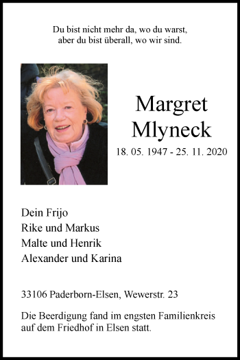 Traueranzeige von Margret Mlyneck von Westfalen-Blatt