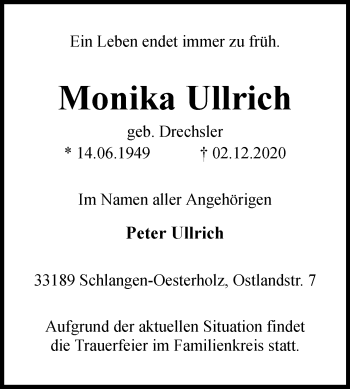 Traueranzeige von Monika Ullrich von Westfalen-Blatt