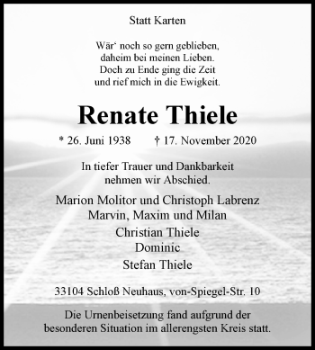 Traueranzeige von Renate Thiele von Westfalen-Blatt