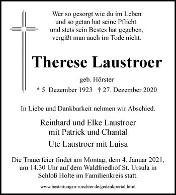 Traueranzeige von Therese Laustroer von Westfalen-Blatt