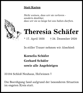 Traueranzeige von Theresia Schäfer von Westfalen-Blatt