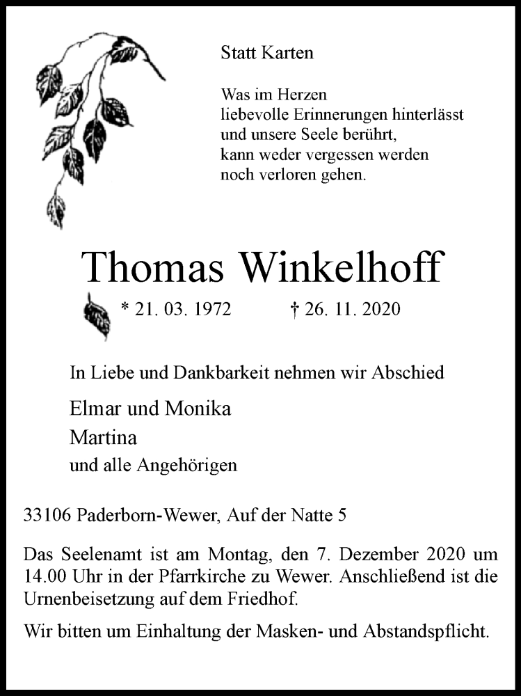  Traueranzeige für Thomas Winkelhoff vom 02.12.2020 aus Westfalen-Blatt