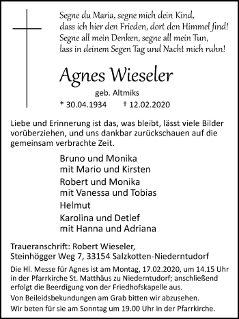 Traueranzeige von Agnes Wieseler von Westfalen-Blatt