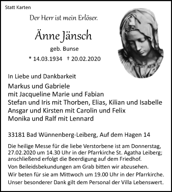 Traueranzeige von Anne Jänsch von Westfalen-Blatt