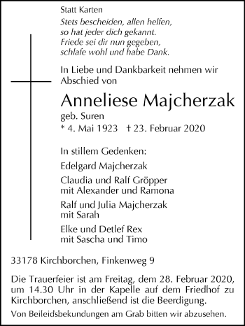 Traueranzeige von Anneliese Majcherzak von Westfalen-Blatt