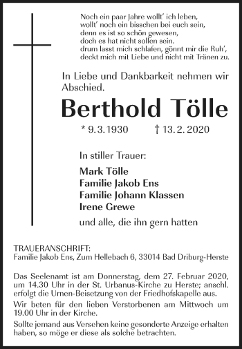 Traueranzeige von Berthold Tölle von Westfalen-Blatt