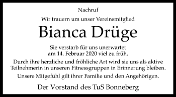 Traueranzeige von Bianca Drüge von Westfalen-Blatt