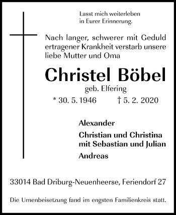 Traueranzeige von Christel Böbel von Westfalen-Blatt