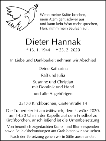 Traueranzeige von Dieter Hannak von Westfalen-Blatt