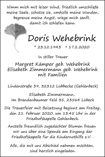 Traueranzeige von Doris Wehebrink von Westfalen-Blatt