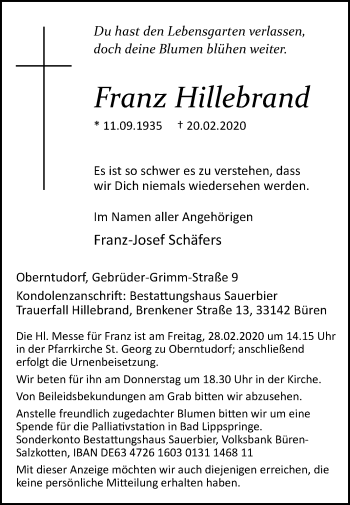 Traueranzeige von Franz Hillebrand von Westfalen-Blatt