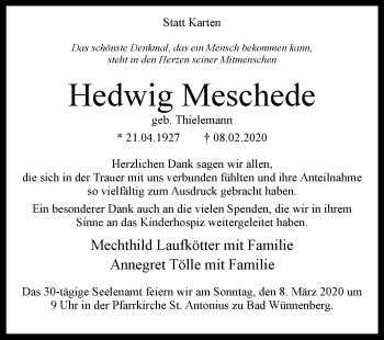 Traueranzeige von Hedwig Meschede von Westfalen-Blatt