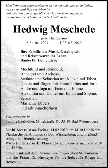 Traueranzeige von Hedwig Meschede von Westfalen-Blatt