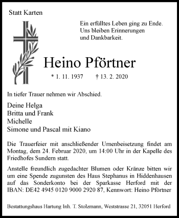 Traueranzeige von Heino Pförtner von Westfalen-Blatt
