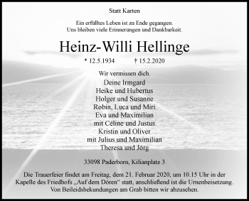 Traueranzeige von Heinz-Willi Hellinge von Westfalen-Blatt