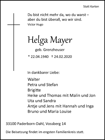 Traueranzeige von Helga Mayer von Westfalen-Blatt