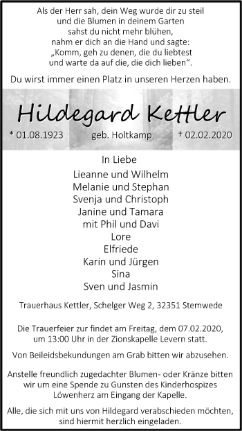 Traueranzeige von Hildegard Kettler von Westfalen-Blatt