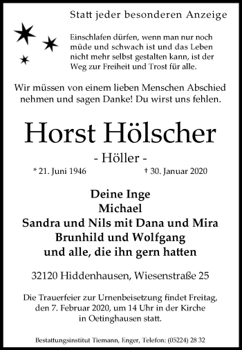 Traueranzeige von Horst Hölscher von Westfalen-Blatt