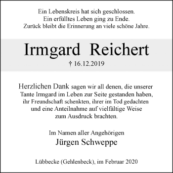 Traueranzeige von Irmgard Reichert von Westfalen-Blatt