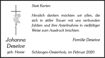 Traueranzeige von Johanna Deseive von Westfalen-Blatt