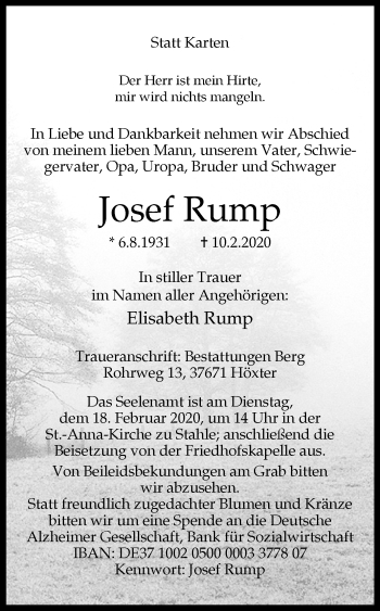 Traueranzeige von Josef Rump von Westfalen-Blatt