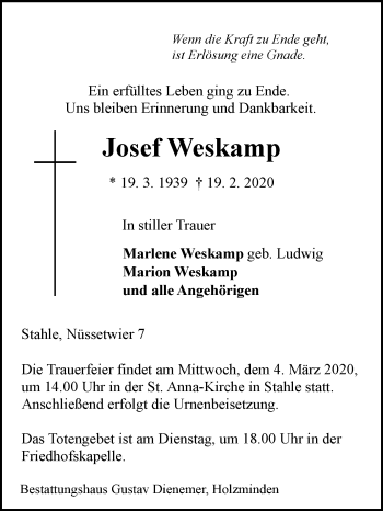 Traueranzeige von Josef Weskamp von Westfalen-Blatt