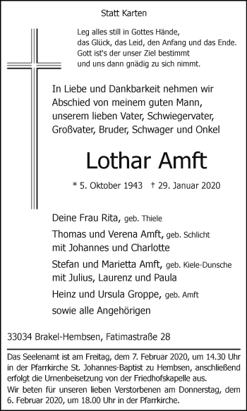 Traueranzeige von Lothar Amft von Westfalen-Blatt