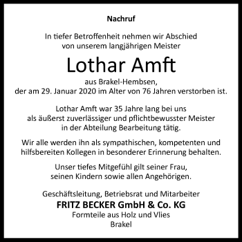 Traueranzeige von Lothar Amft von Westfalen-Blatt