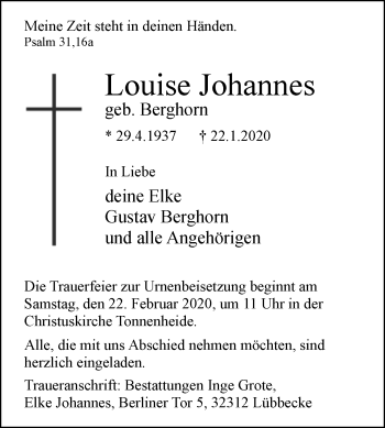 Traueranzeige von Louise Johannes von Westfalen-Blatt