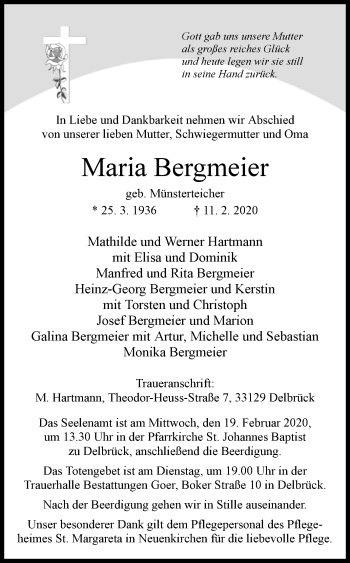 Traueranzeige von Maria Bergmeier von Westfalen-Blatt