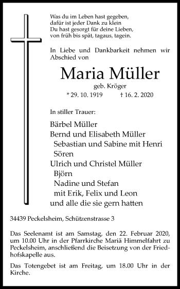 Traueranzeige von Maria Müller von Westfalen-Blatt