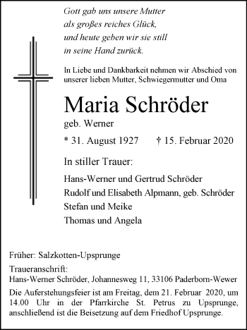 Traueranzeige von Maria Schröder von Westfalen-Blatt