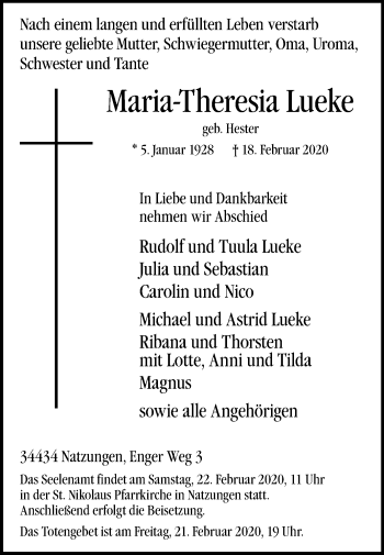 Traueranzeige von Maria-Theresia Lueke von Westfalen-Blatt