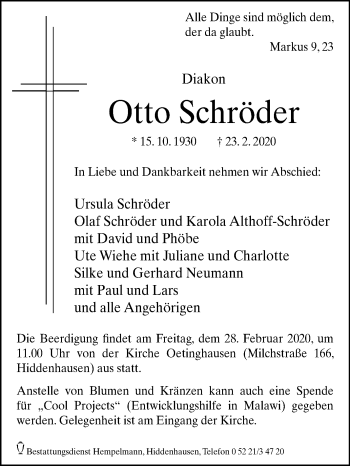 Traueranzeige von Otto Schröder von Westfalen-Blatt