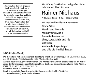 Traueranzeige von Rainer Niehaus von Westfalen-Blatt