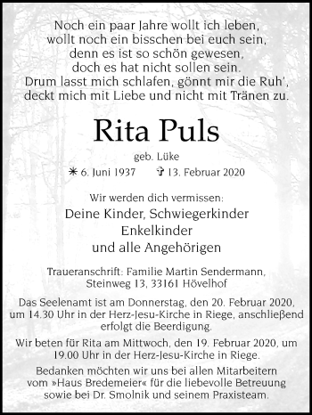 Traueranzeige von Rita Puls von Westfalen-Blatt