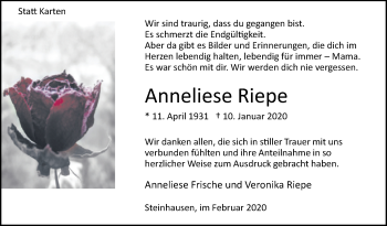 Traueranzeige von Anneliese Riepe von Westfalen-Blatt