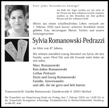 Traueranzeige von Sylvia Romanowski-Pedrazzi von Westfalen-Blatt