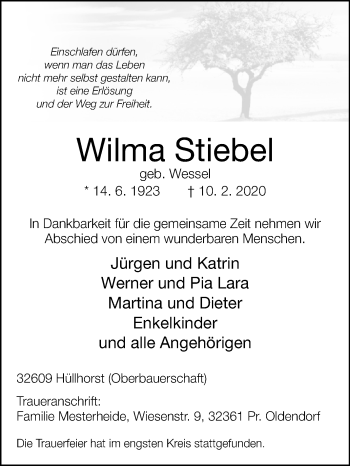 Traueranzeige von Wilma Stiebel von Westfalen-Blatt