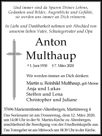 Traueranzeige von Anton Multhaup von Westfalen-Blatt