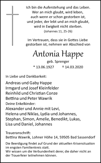 Traueranzeige von Antonia Happe von Westfalen-Blatt