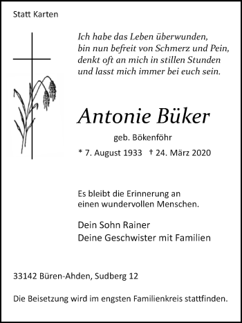 Traueranzeige von Antonie Büker von Westfalen-Blatt