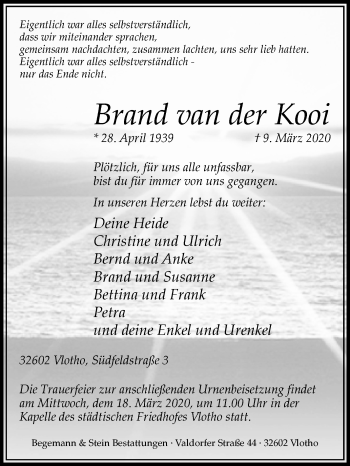 Traueranzeige von Brand van der Kooi von Westfalen-Blatt