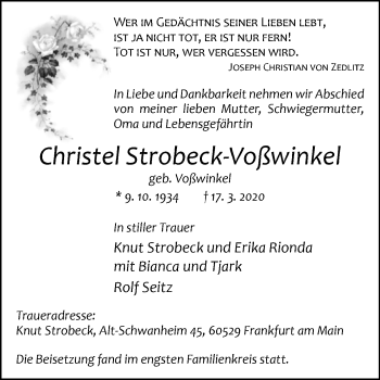 Traueranzeige von Christel Strobeck-Voßwinkel von Westfalen-Blatt