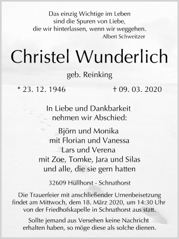 Traueranzeige von Christel Wunderlich von Westfalen-Blatt