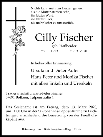 Traueranzeige von Cilly Fischer von Westfalen-Blatt